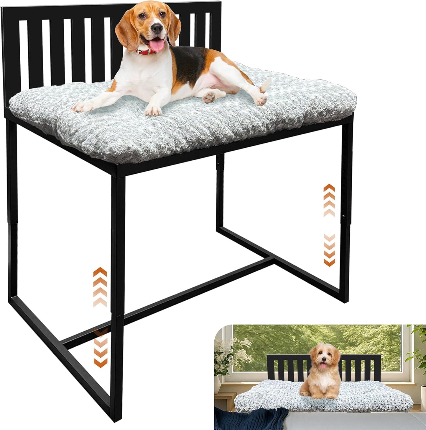 Beside Dog Bed,Adjustable Height Dog Bunk Beds,25.5‘’x18‘’Metal Dogs Bed Frame with Removable Cushion,Medium