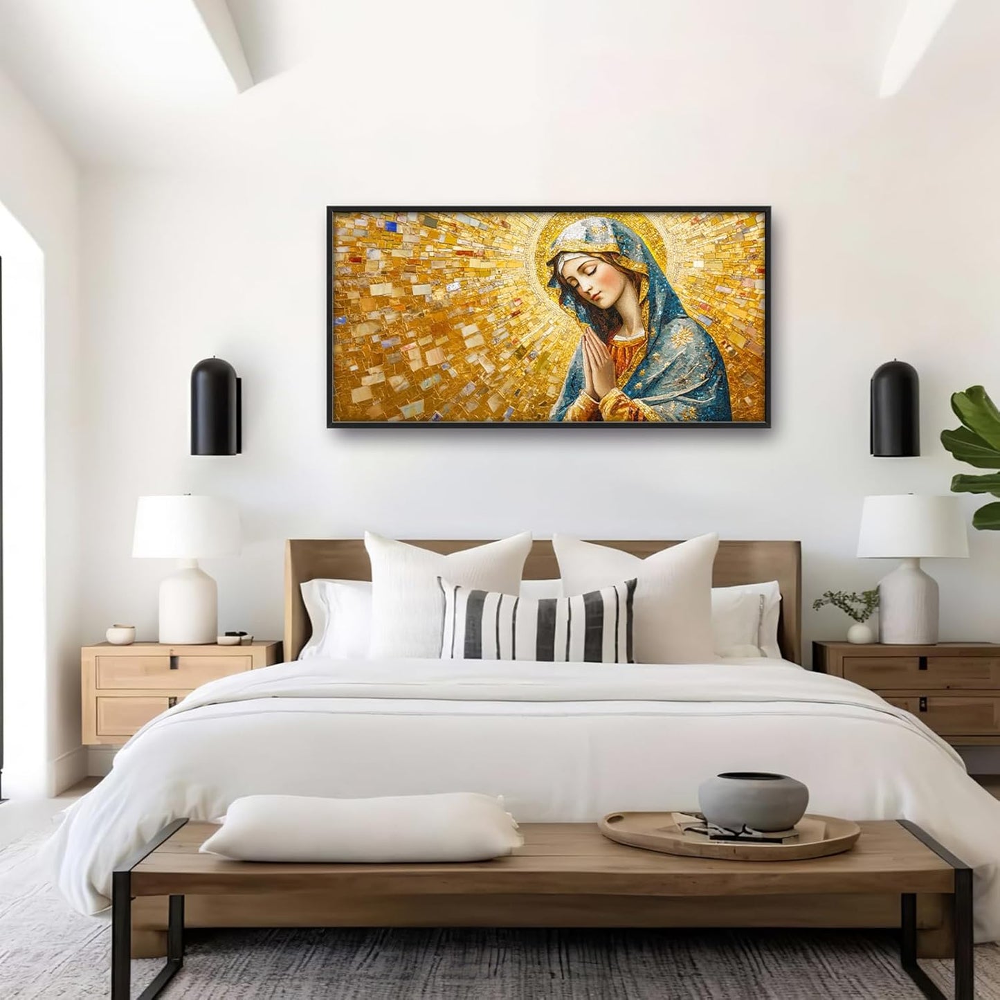 Extra Large Virgin Mary Framed Wall Art for Living Room,Oversized Golden Christian Religious Pictures Wall Decor,Canvas Print Painting Modern Artwork Bedroom Office Bathroom 60L" x 30W"