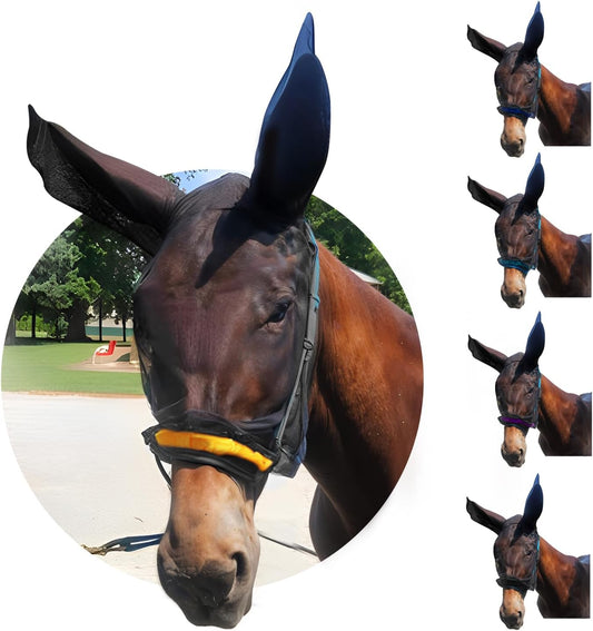 Donkey Fly Mask with Long Ears (Orange) Half Hoodie for Standard Donkey, Made in USA - Mule Fly Mask with Ears Protection from Insects and Bugs, Face Cover Soft Mesh Fabric with Adjustable Fastener