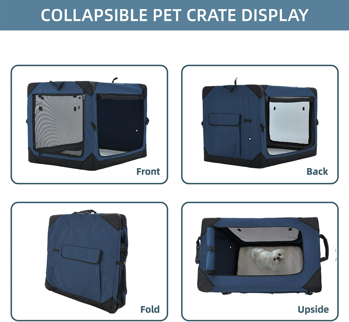 Pettycare 42 Inch Collapsible Dog Crate for Large Dogs, 4-Door Foldable Soft Side Kennel with Chew Proof Mesh Windows, Indoor & Outdoor Travel Crate, Navy Blue