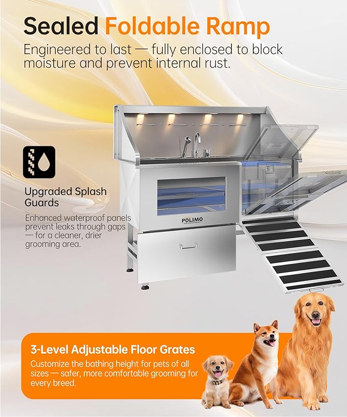 POLIMO Dog Washing Station, LED Professional Stainless Steel Dog Bathing Station 61", Dog Grooming Tub for Large, Medium & Small Dog - with Window, Ramp, Drawer, Floor Grate & Faucet (Right RAMP, 61")