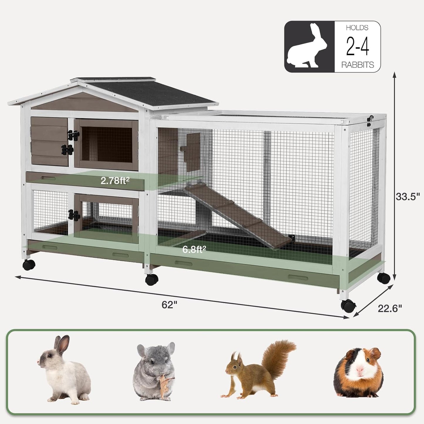 2-Story Indoor Rabbit Hutch with Chew-Proof Outdoor Rabbit Cage with 6 Locking Casters Bunny Cage 2 Pull-Out Trays Guinea Pigs Cage 62" Brown