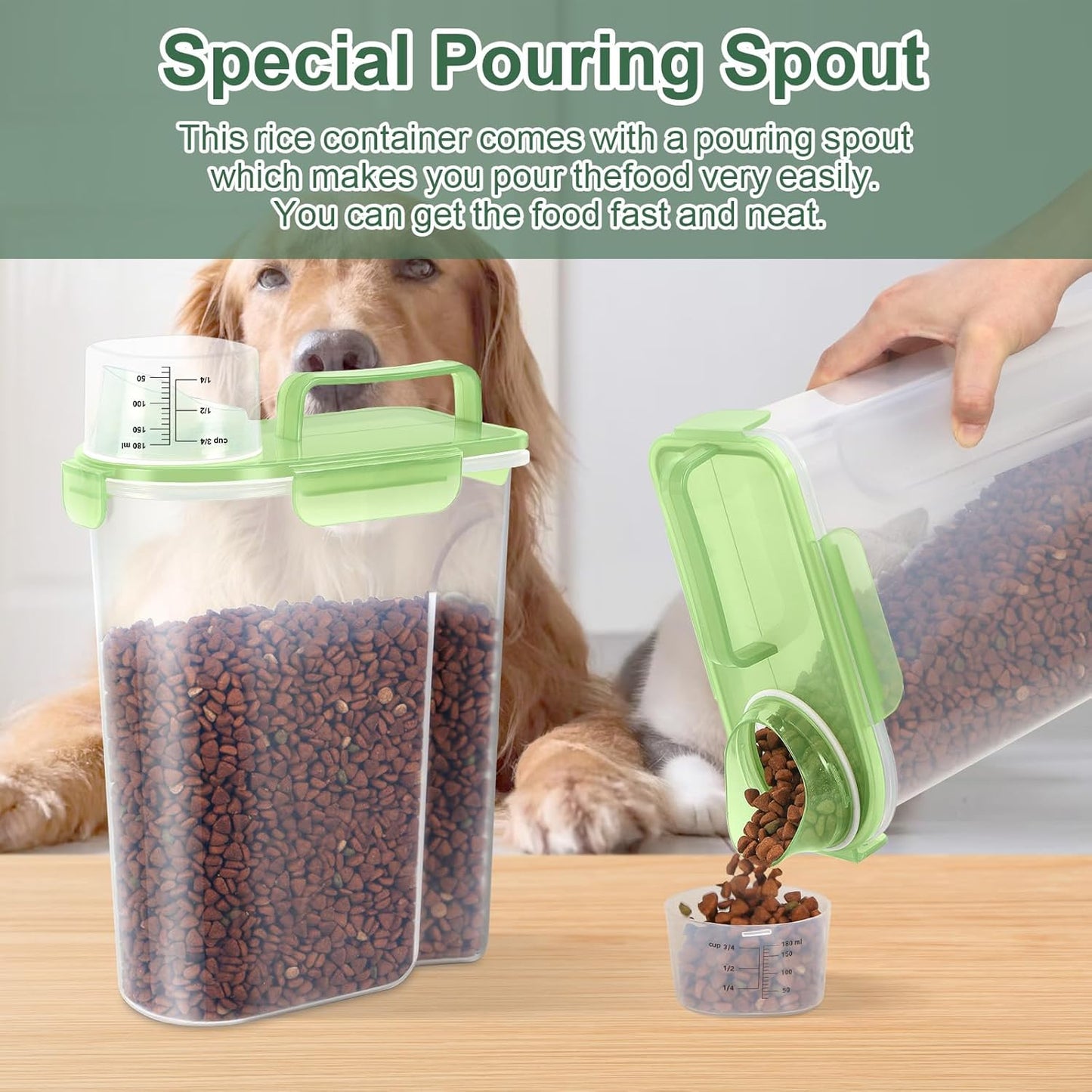5-7Lbs/6Qt Dog Cat Storage Container Portable with Upgraded Large Spout and Cup, Plastic Pet Food Dispenser for Small Animal Kibble, Bird Seed, Oatmeal, Rice, Flour, Brown Sugart- Clear Green