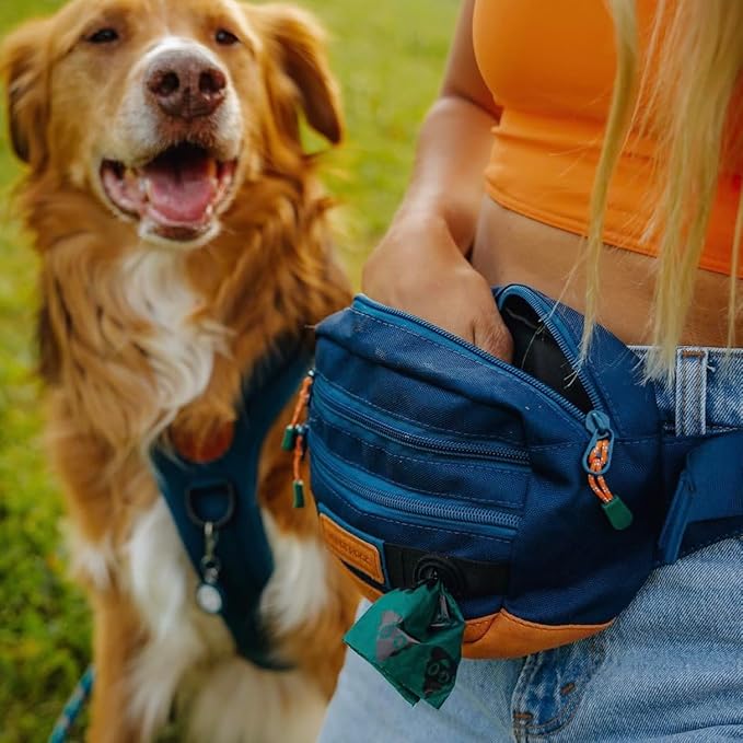 Wilderdog Utility Fanny Pack stores Treats, Balls, Keys in 3 Pockets with adjustable strap and Poop Bag dispenser (Pacific Blue)