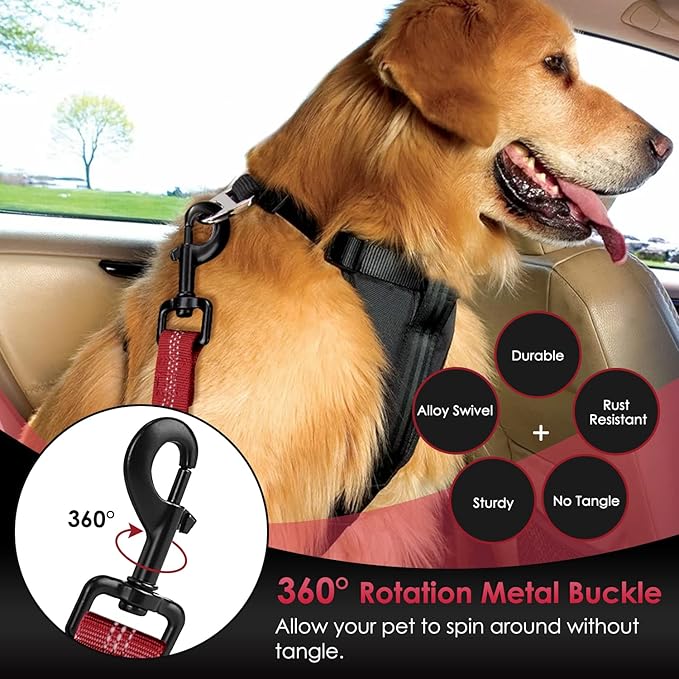 SlowTon Dog Seat Belt, Adjustable Dog Safety Belt Leash, 2 in 1 Latch Bar Attachment Dog Car Seatbelt with Elastic Nylon Bungee Buffer, Reflective Nylon Belt Tether(Red 35.5in)