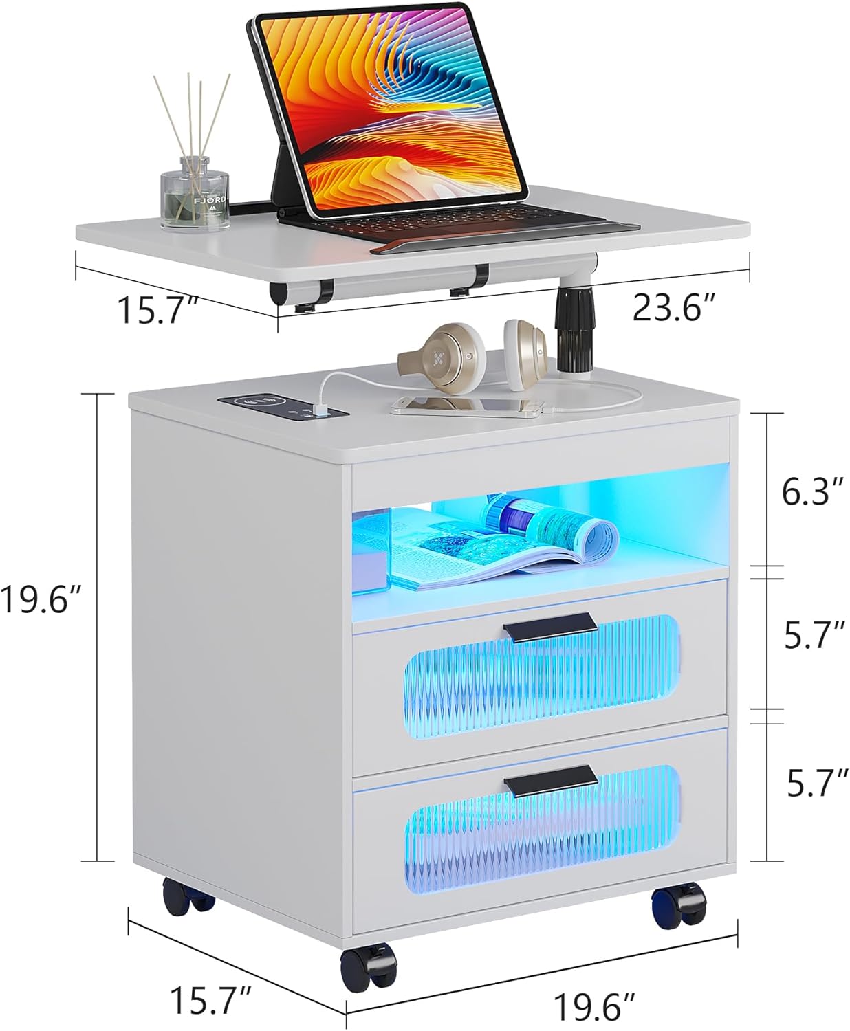 HNEBC Nightstand Set of 2, LED Nightstand with Wireless Charging Station/USB Ports,Smart Nightstand Has Adjustable Rotary Workstation with 2 Drawers,Modern Bedside Table for Bedroom Furniture(White)