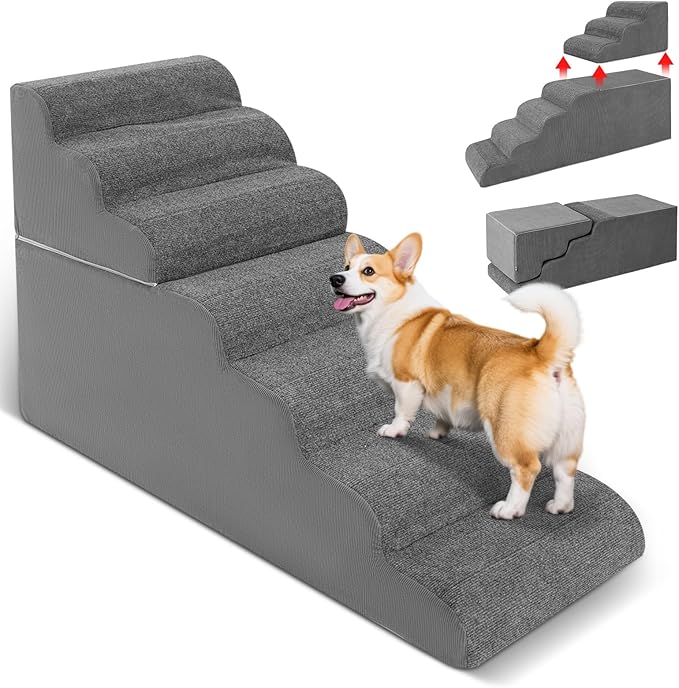 5-Step Dog Stairs for High Bed - 21.3" Adjustable Dog Ramps for Couch, Non-Slip Sturdy Pet Steps for Small Dogs, Washable Cover, Removable Modular Design, Dual 11” & 12.83” Steps for Custom Height