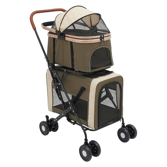2-Layers Pet Stroller for 2 Cats/Dogs,Foldable Lightweight 77lbs Capacity Carrier, 4 Wheels, Removable Basket & Storage Pocket,for Small Pets (Green)