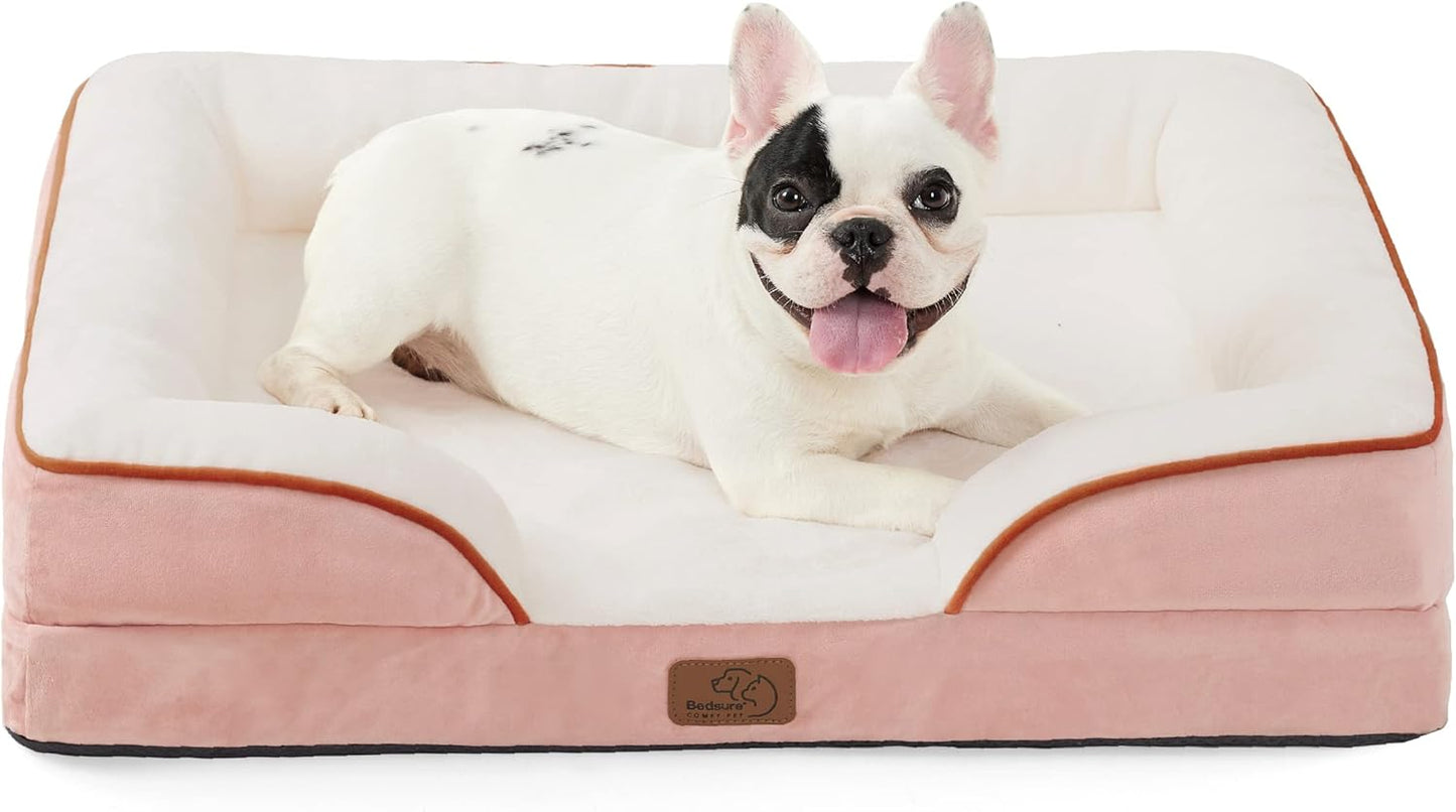 Bedsure Orthopedic Dog Bed Medium Size Dogs - Washable Medium Dog Cat Bed Waterproof, Comfort Pet Couch Sofa with Washable Removable Cover, Pets Bed with Nonskid Bottom, Pink, 28"