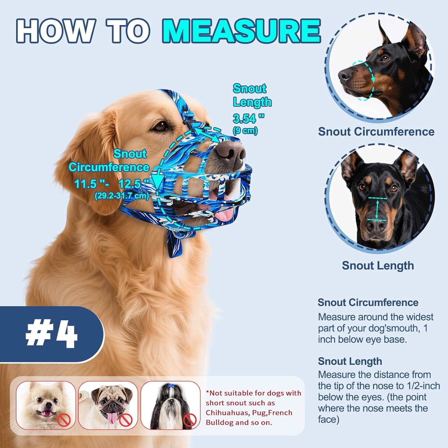 Basket Muzzle to Prevent Biting, Dog Muzzle for Large Medium Small Dogs Allows Panting Drinking Anti Chewing, Perfect for Grooming Trimming Training and Aggressive Reactive Dogs (Blue, Size 4)