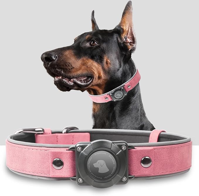 AirTag Dog Collar - Leather Dog Collar with Air Tag Holder | IPX8 Waterproof, Reflective, High - End, Adjustable Soft Padded | Dog GPS Tracker Collars Fit for Medium Large Dogs (Pink, XL)