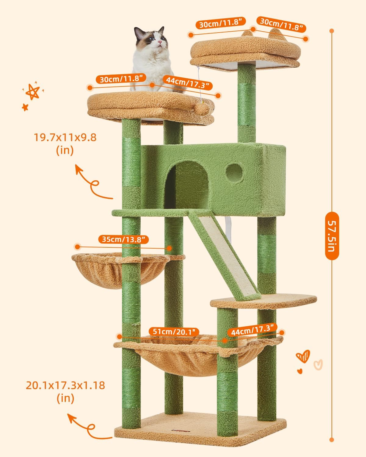 Taoqimiao Cactus Cat Tree, 57.5-Inch Cat Tower for Indoor Cats Large Adult, Extra Large Cat Condo, 8 Sisal Scratching Posts, Metal Frame Cozy Hammock, Durable Scratch Board, 2 Top Perches, MSC026