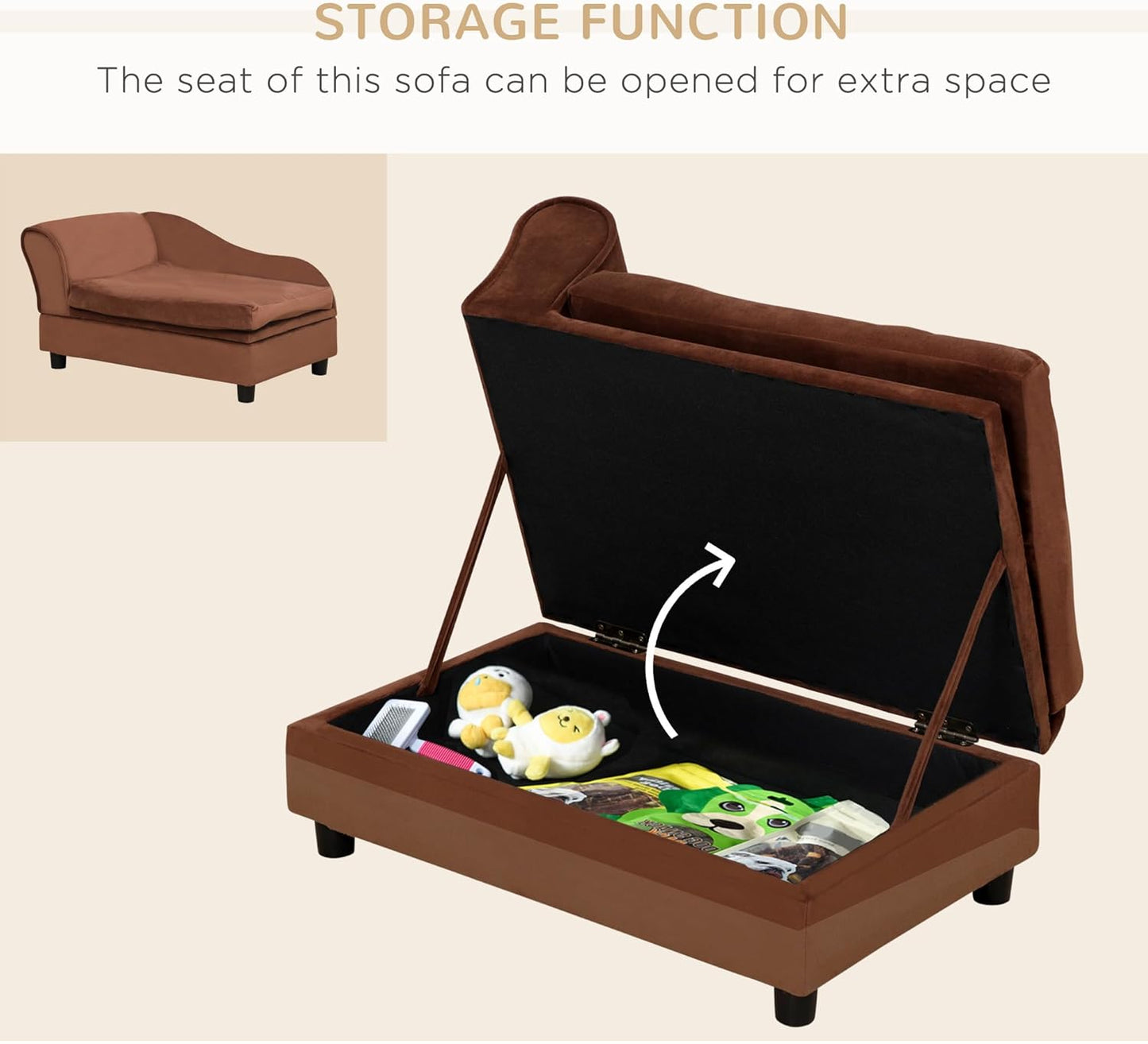 PawHut Luxury Fancy Dog Couch with Hidden Storage, Small Dog Sofa Bed with 2" Soft Foam, Modern Pet Furniture for Puppies & Little Breeds, Brown