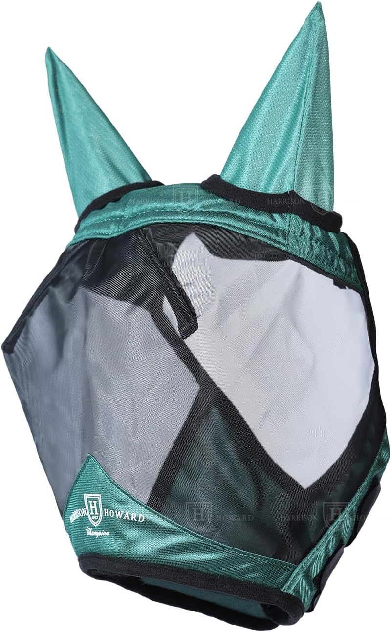 Harrison Howard Pro Luminous Horse Half Face Fly Mask Large Eye Space with Ears UV Protection for Horse Hunter Green XL