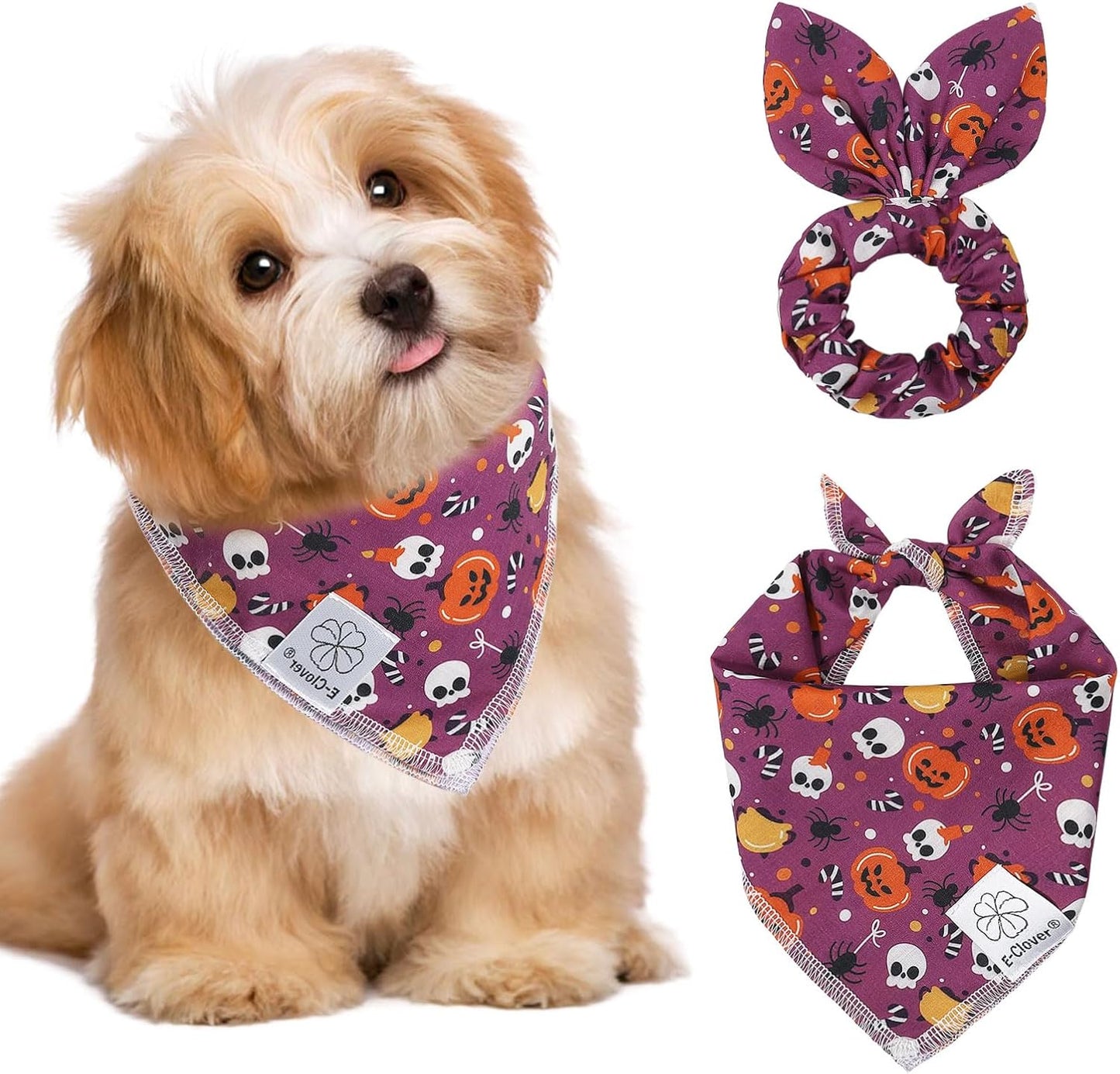 E-Clover Halloween Dog Bandanas & Matching Scrunchie Set Girl Cute Pumpkin Dog Scarf Bibs Pet Bandana with Bow Tie for Small Dogs Puppy Owner Mom Purple Orange