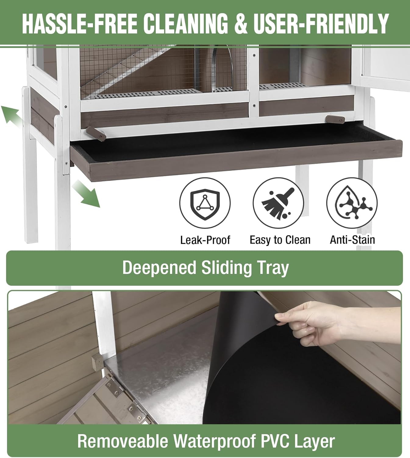 GUTINNEEN Guinea Pig Cage Rabbit Cage Indoor with Chew-Proof Edges, Clean Deep Tray, Leakproof PVC Layer, Small Animals Cage with Adjustable Legs - Brown