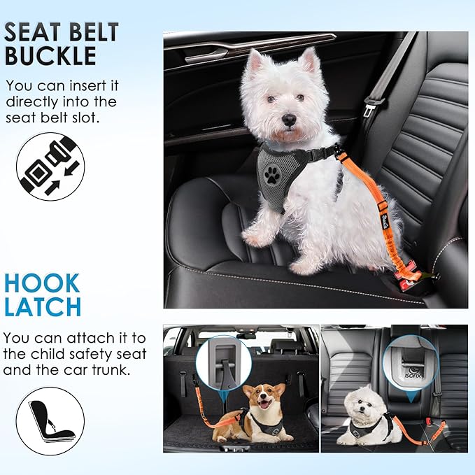 Lukovee Dog Seatbelt Leash for Cars, 2 Pack Pet Safety Car Seat Belt with Adjustable Buckle & Reflective Bungee, Connect Dog Harness in Vehicle Car Dogs Restraint Travel Daily Use (Orange)