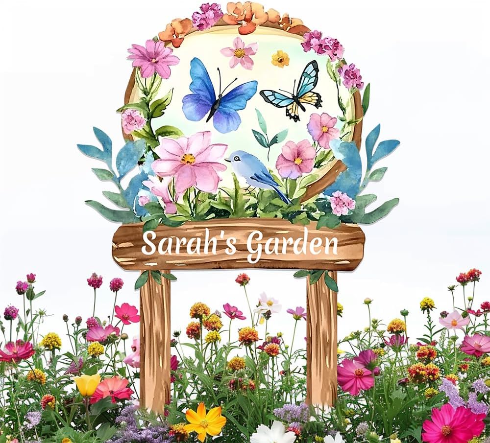 Personalized Watercolor Garden Metal Sign with Stake,Custom Gardener Last Name Signs Outdoor Decor,Customized Birds Gardening Gifts for Mom,Butterfly Flowers Plaques for Patio Lawn Porch Yard Garage