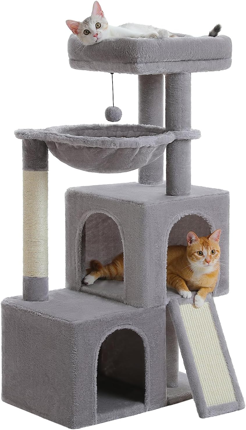 PAWZ Road Large Cat Tree, 41 Inches Multi-Level Cat Tower with 2 Spacious Condos for Indoor Cats, Large Cat House with Comfy Hammock, Padded Perch, Scratching Pad and Replaceable Balls-Gray