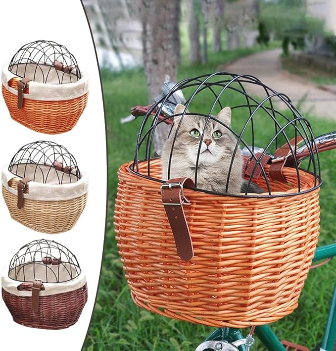 Shiker Basket with Wire Mesh Cover, Wicker Bike Basket for Small Dogs Cats, Front Handlebar Bike Basket, Easy to Detachable, 11.81 x 9.84 inch