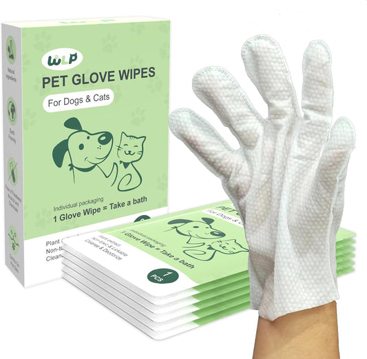 WLP 6 PCS Pet Cleaning and Deodorizing Glove Wipes for Dogs & Cats Hypoallergenic Pet Cleaning and Hydrating Glove Bath Wipes Enriched with Aloe & Jojoba Oil Individually Wrapped