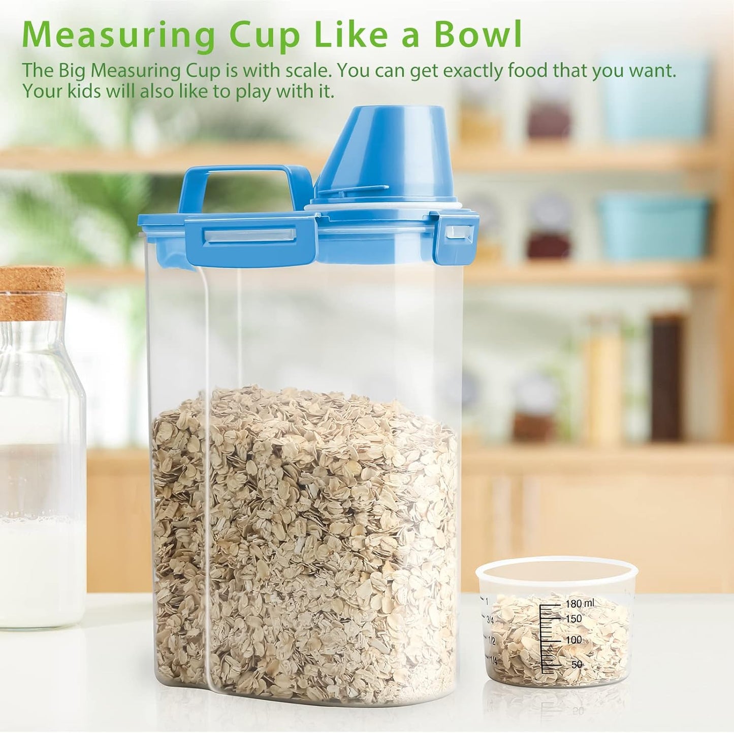 Rice Airtight Storage Container, 3 to 5Lbs Cereal Dry Food Flour Bin, Pet Dog Cat Food Dispenser with Measuring Cup, BPA Free Clear Plastic Kitchen and Pantry Organization Bin for Sugar, Pasta