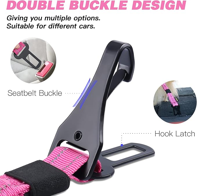 AUBELL Dog Seat Belt for Car,2 Pack Set 3-in-1 Adjustable Reflective Bungee Heavy Duty Dog Car Harness Tether with Clip Hook Latch & Buckle,Swivel Zinc Alloy Carabiner,Black+Hotpink