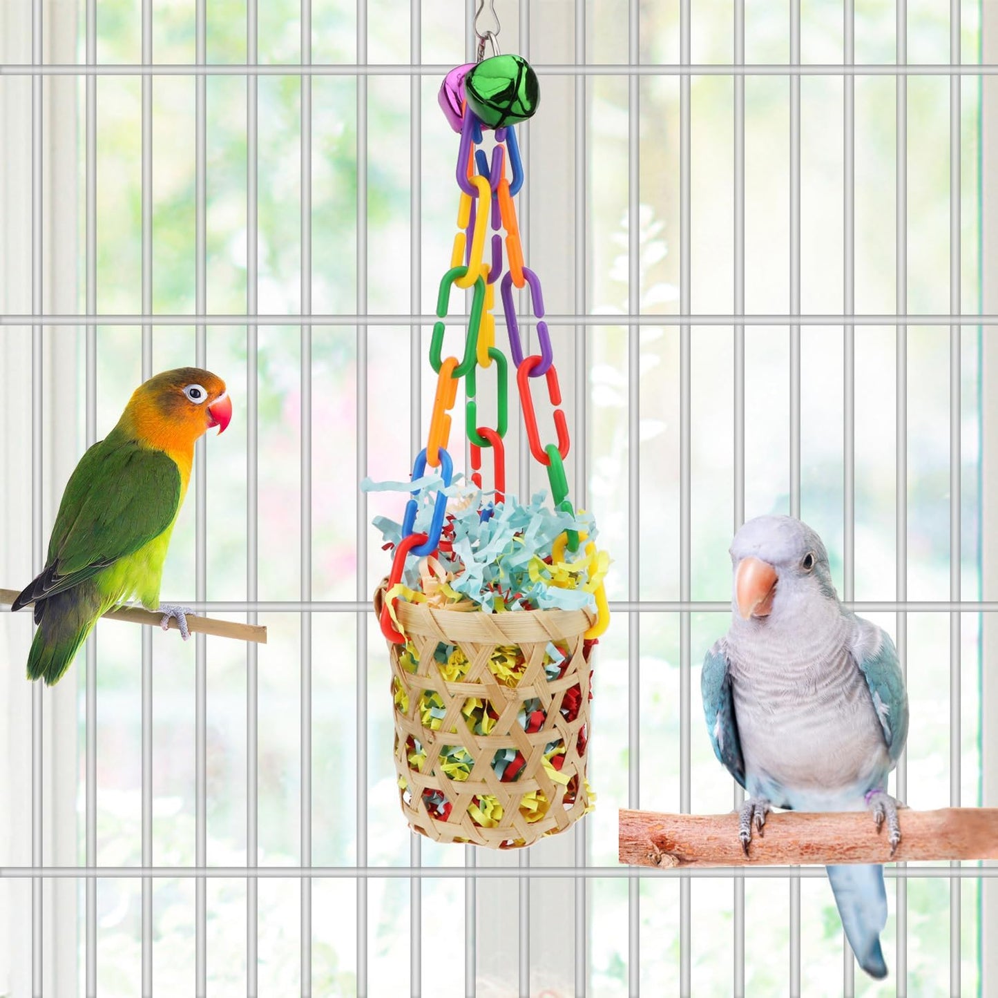 Wontee Bird Toys Colorful Shredding Crinkles Foraging Toys Natural Sola Ball for Parrots Cockatiels Conures Parakeets Budgies Senegal (Bamboo Basket (1 Pack))