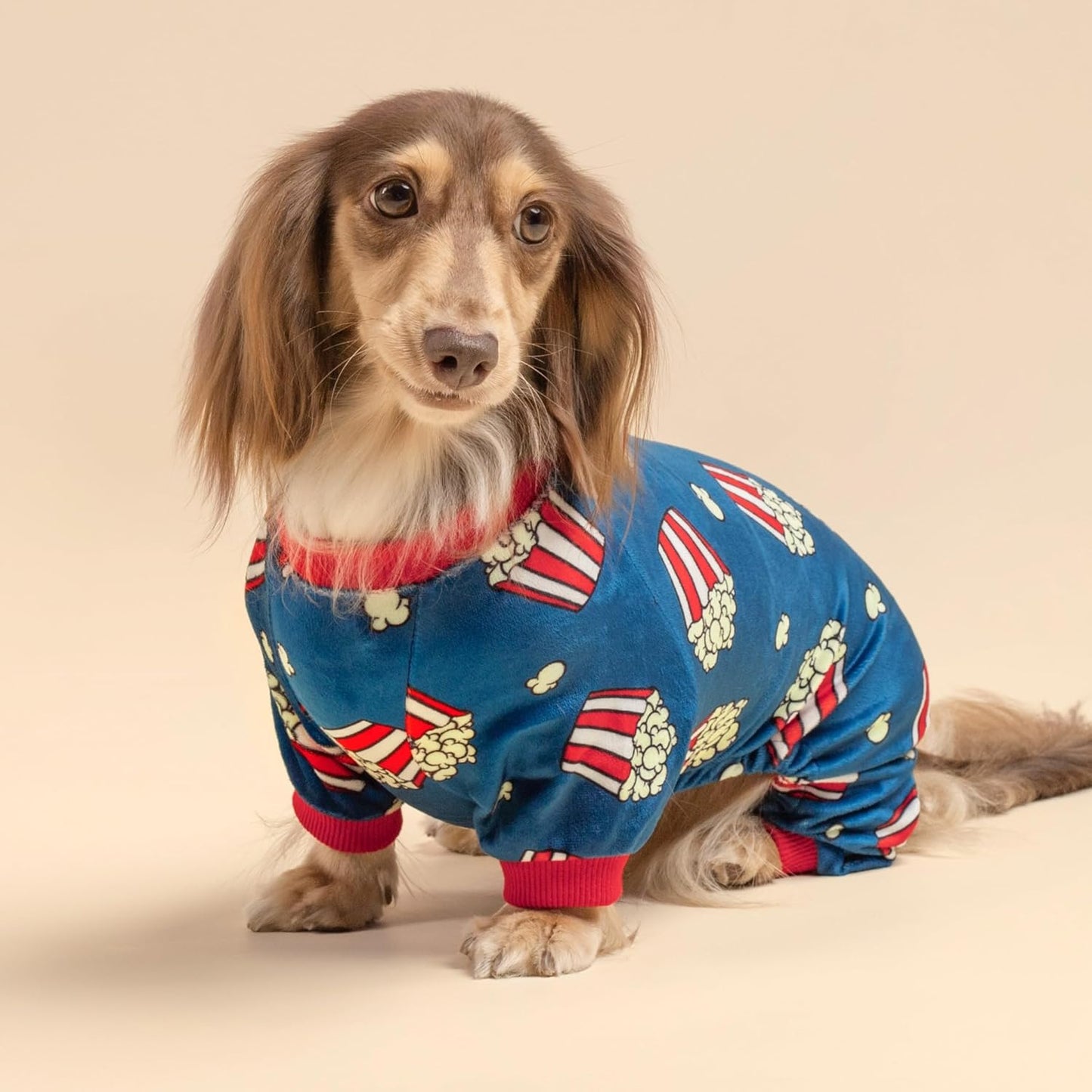 Fitwarm Popcorn Dog Pajamas, Funny Dog Clothes for Small Dogs Boy Girl, Fleece Pet Onesie with Feet, Blue, Red, White, Yellow, XS