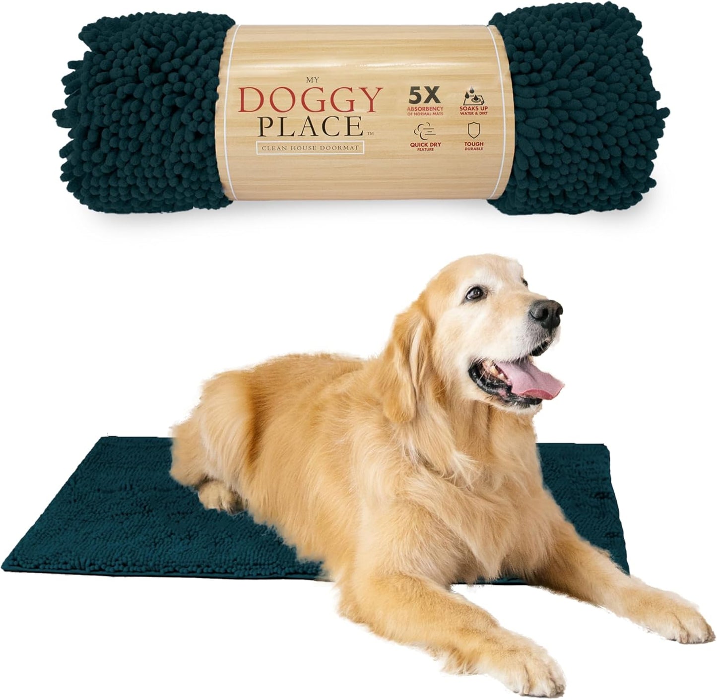 My Doggy Place Microfiber Dog Mat for Muddy Paws, 36" x 26" Teal - Absorbent and Quick-Drying Dog Paw Cleaning Mat, Washer and Dryer Safe - Non-Slip Rubber Backed Dog Floor Mat, Large