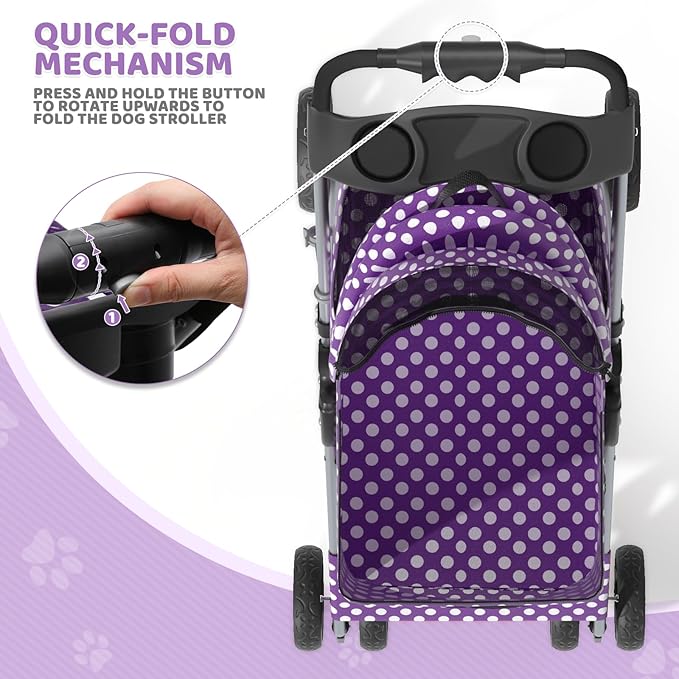 Magshion Foldable Pet Stroller, 3-in-1 Dog Travel Jogger with Detachable Carrier, Cup Holder, Storage Basket, Folding Carrier for Small/Medium Dogs & Cats Up to 33 lbs, Purple Polka Dots