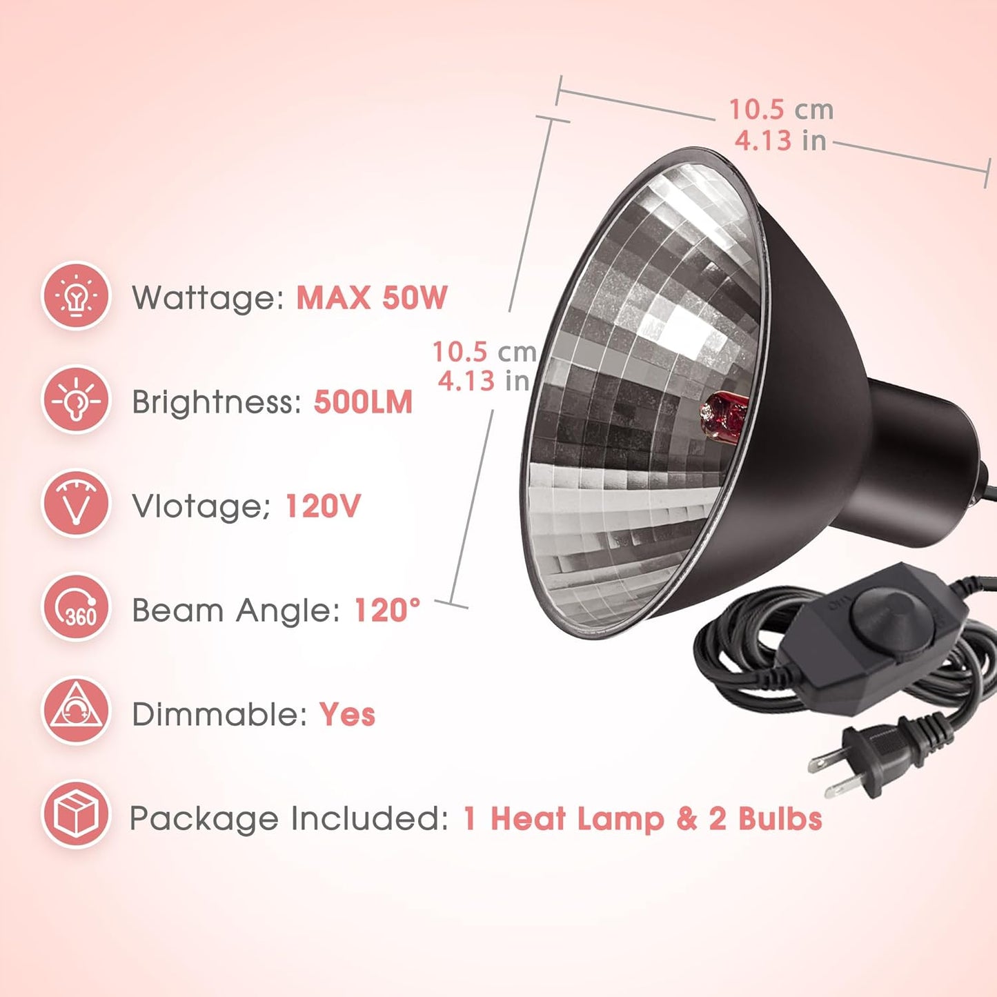 Briignite Reptile Heat Lamp Red, Reptile Night Lamp 50W, G9 Heat Bulb & Dome Reptile Light Fixture, Aluminum Reflector, Dimmable Heat Lamp for Chicken Turtle Snake Gecko Lizard, 2 Pack