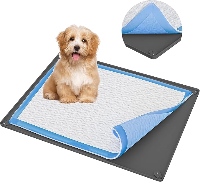 TidyFriend Dog Pee Pad Holder Tray Fits for 24” x 36” Pee Pads with Corner Lock Holes, Raised Edges, Non-Spill, Easy to Clean Silicone Dog Potty Tray Holder, for Indoor Floor Protection (Grey)