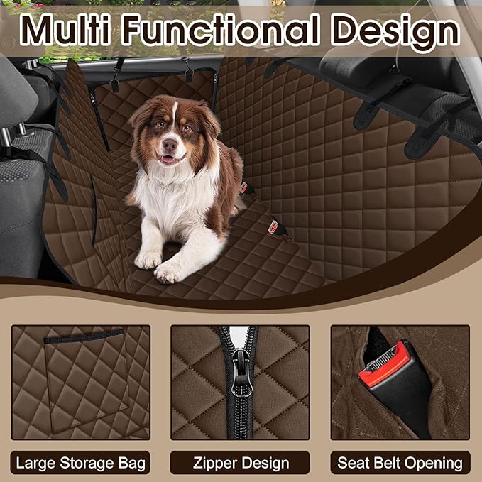 Waterproof Dog Car Seat Cover for Back Seat - Durable, Scratch Proof Pet Hammock with Nonslip Design & Storage Pockets, Fits Cars, SUVs, Trucks - L, Coffee/Black