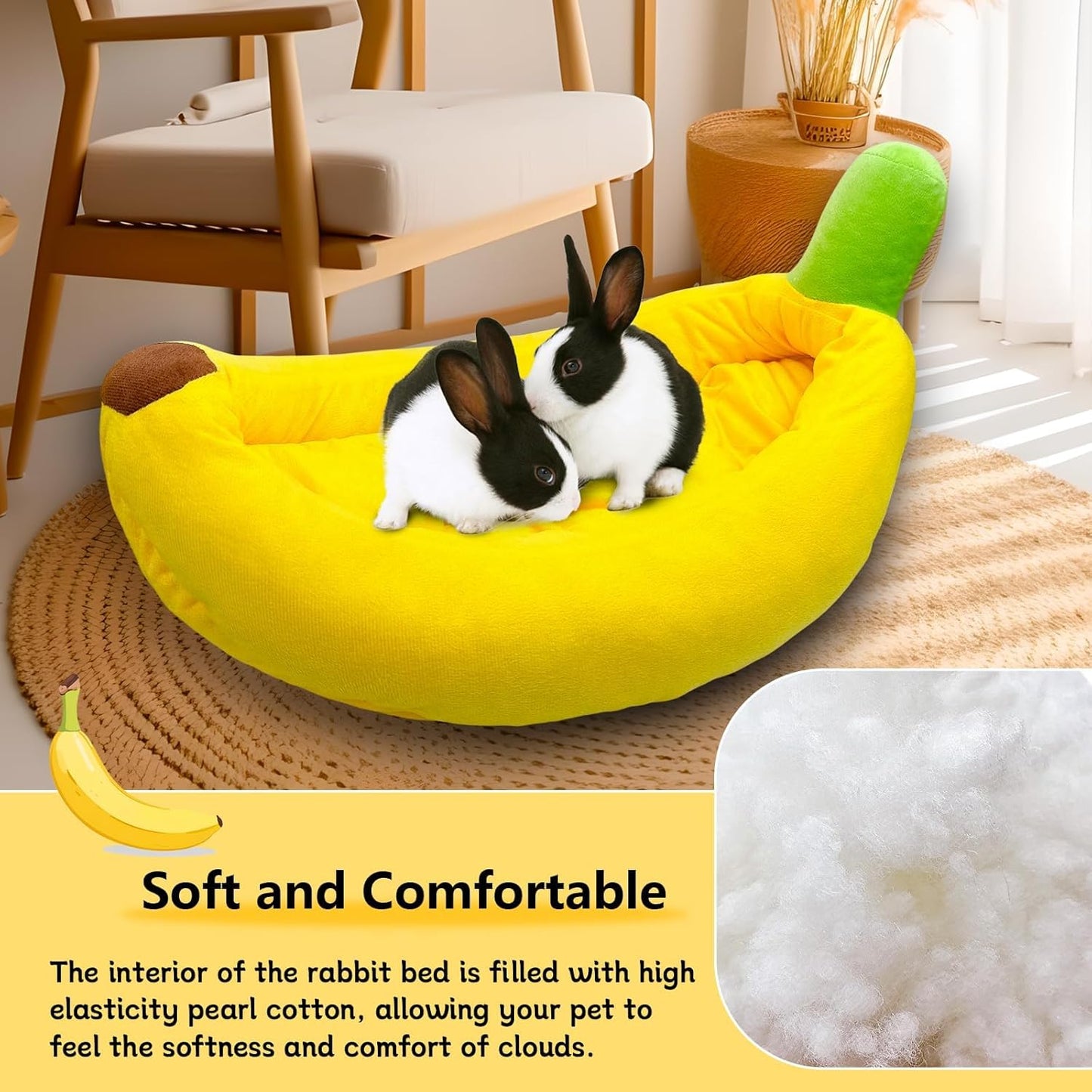 Rabbit Bed,Bunny Bed,Thick&Soft with Removable Mat,Machine Washable Guinea Pig Cushion,Cozy Rabbi Plush House,Warm Small Animal Sleeping Beds(Yellow Banana Shape-L)