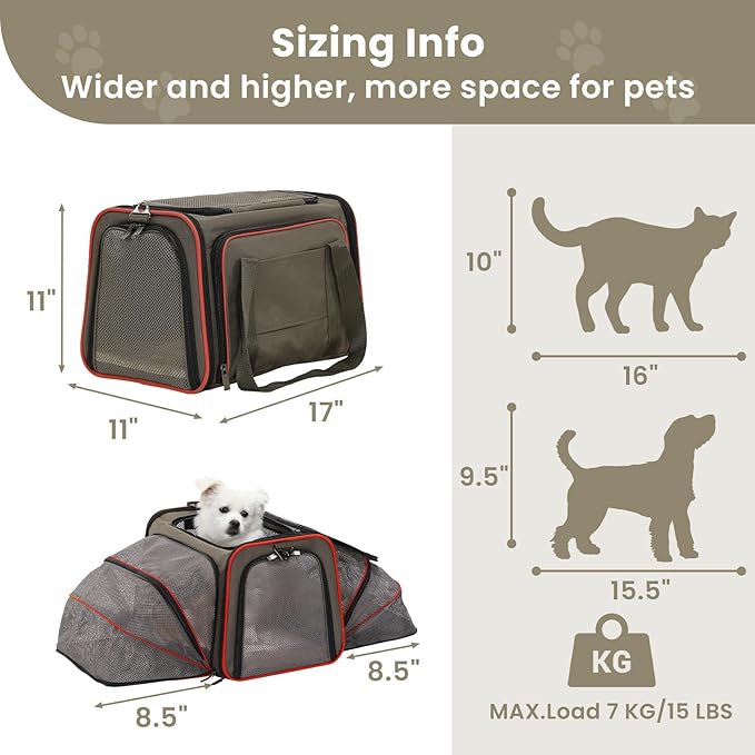 Petsfit Expandable Cat Dog Carrier for 2 Cats, 19" Lx 12" Wx 12" H Soft-Sided Portable Pet Carrier for Travel, Dog Carrier for Small Dog with 2 Side Extensions, Anti-Escape