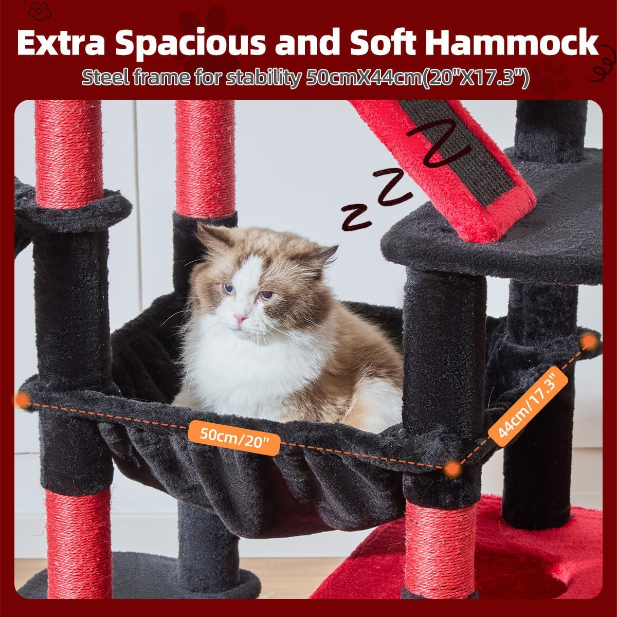 Taoqimiao Gothic Cat Tree 71-Inch, Cat Tower for Indoor Cats Large Adult, Large Cat Condo, 8 Sisal Scratching Posts, Metal Frame Cozy Hammock, Scratch Board, 2 Perches, Black and Red MS026LBR