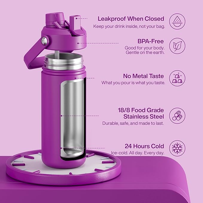 Insulated Water Bottle with Straw Stainless Steel Water Bottle, Leak-Proof, BPA-Free, Double Wall Vacuum Keeps Cold for 24 Hours for Sports, Travel, School (18 oz, Bright Magenta)