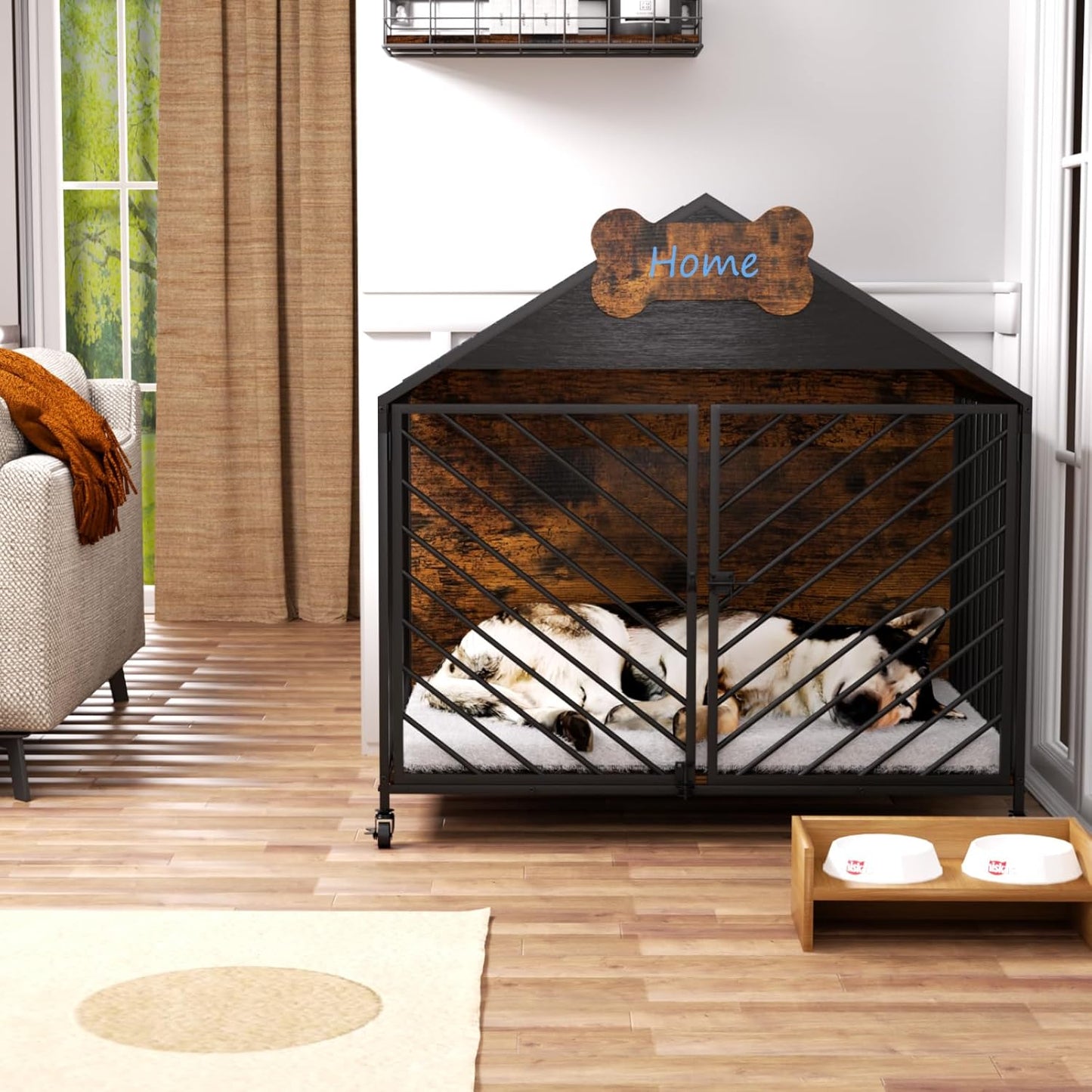 Furniture-Style Dog Crate with Gable Roof Design, Double Locking Doors Indoor Kennel for Small & Medium Dogs, Chew-Proof Escape-Proof Dog Cage, Rustic Brown