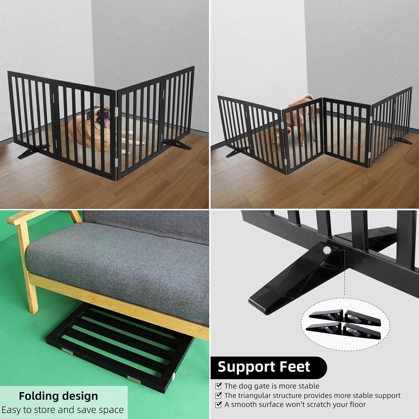 ZJSF Freestanding Indoor Dog Gate for House Foldable Wood Puppy Gate for Doorways Pet Gate for Stairs Extra Wide Pet Fence, Black, 32" Height 4 Panels