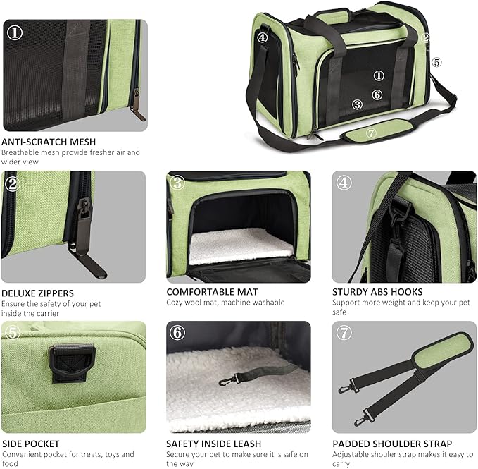 Pet Carrier for Small Medium Cats Dogs Puppies up to 15 Lbs, Airline Approved Small Dog Carrier Soft Sided, Collapsible Travel Puppy Carrier - Green