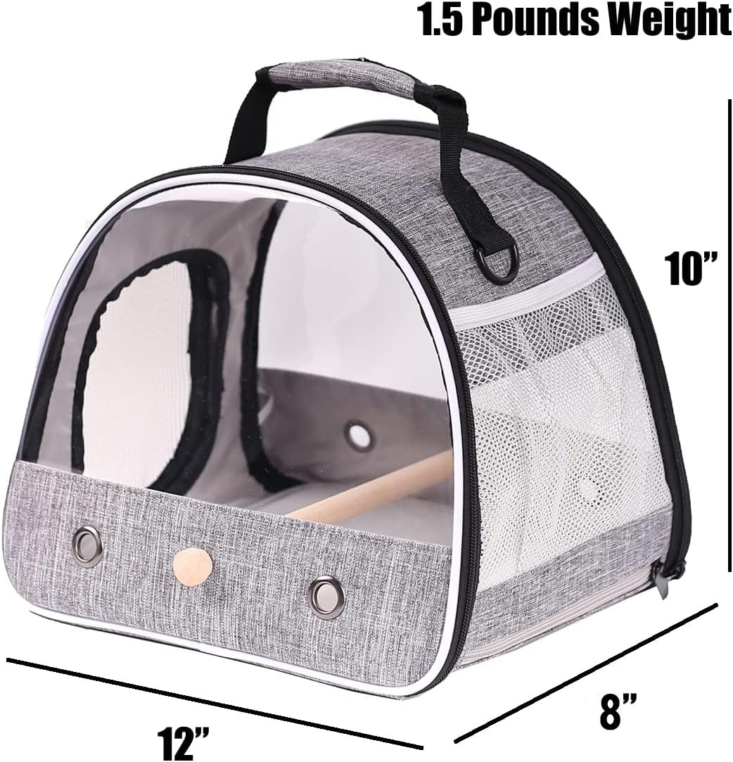 Small Bird Travel Carrier, Portable Bird Travel Cage for Parakeet, Parrot, Budgie, Guinea Pig, Bearded Dragon Reptile Carrier for Hiking Vet Visit Bicycle Ride (Grey)