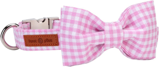 Lionet Paws Dog Collar with Bowtie, Comfortable Adjustable Cute Pink Gingham Bow Tie Collar for Female Puppies and Cats Gift, XS, Neck 8-12 inches