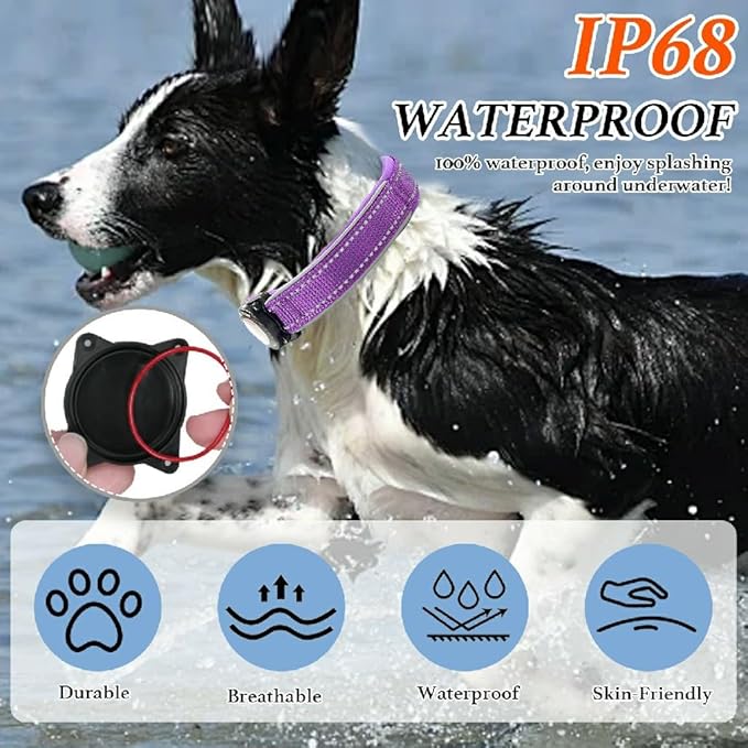 Upgraded AirTag Dog Collar, IP68 Waterproof Dog Collar with Apple Air Tag Holder, Reflective Adjustable Heavy Duty Dog Collars with Soft Padded for Small, Medium and Large Dogs,Purple, L