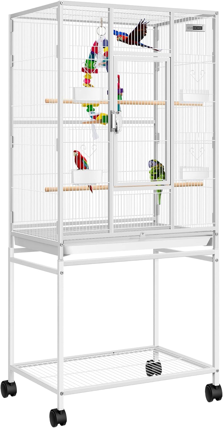 VIVOHOME 54 Inch Wrought Iron Large Bird Flight Cage with Rolling Stand for Parakeets Canaries Cockatiels Lovebirds Conures, White