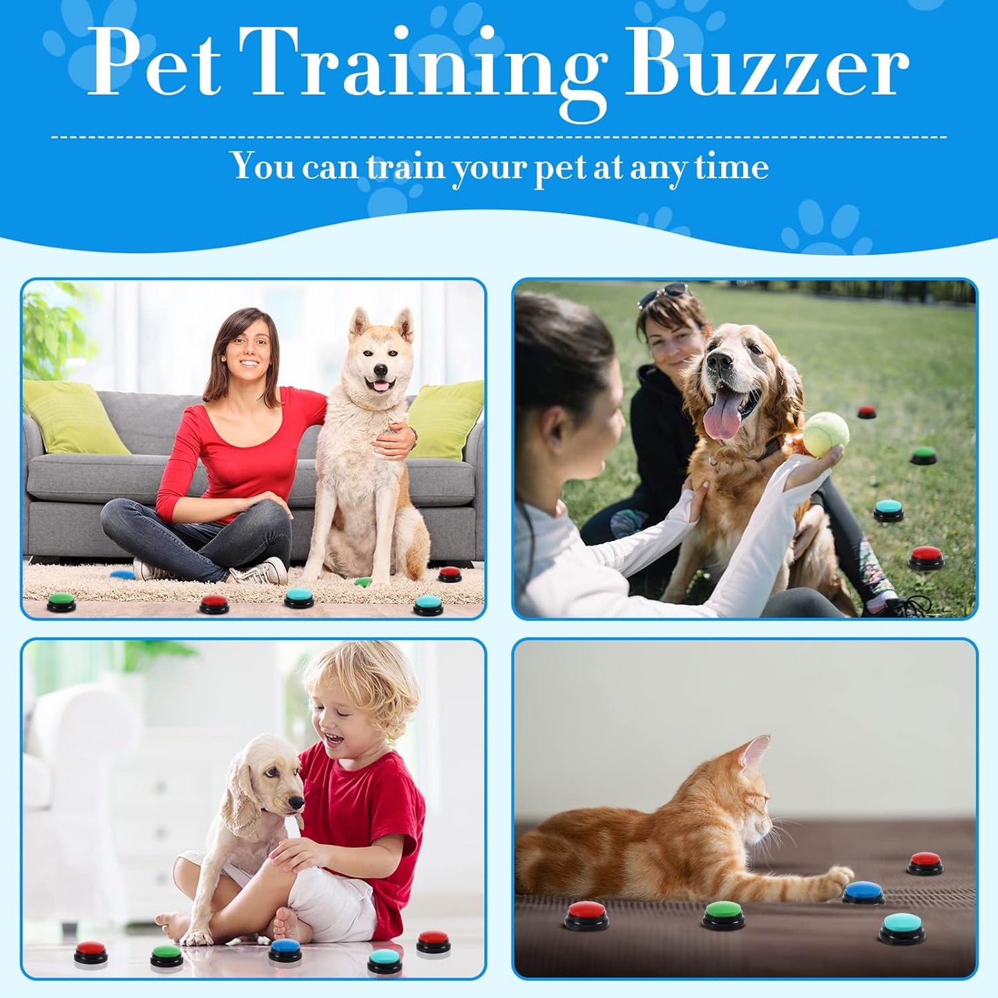 Jerify 16 Pieces Dog Buttons for Communication Voice Recordable Cat Dog Talking Buzzers Set with Stickers 30 Seconds Pet Speech Training Buttons for Pet Cat Training Interactivity(Classic Colors)