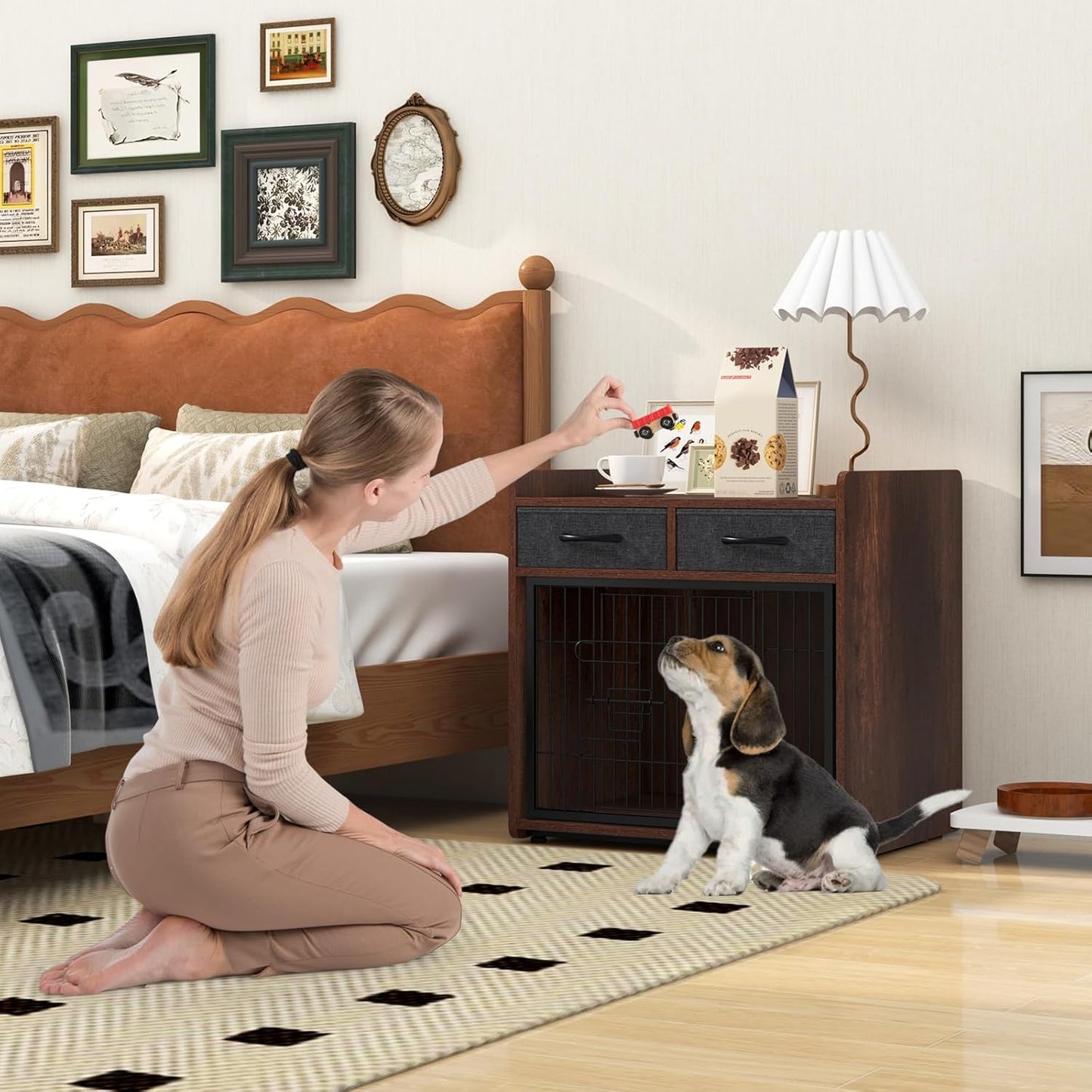 PETISITE Wooden Dog Crate with Lockable Door, Adjustable Foot Pads, 2 Fabric Drawers, Indoor Kennel Side Table for Small & Medium Dogs, 24.5 x 19.5 x 25 in