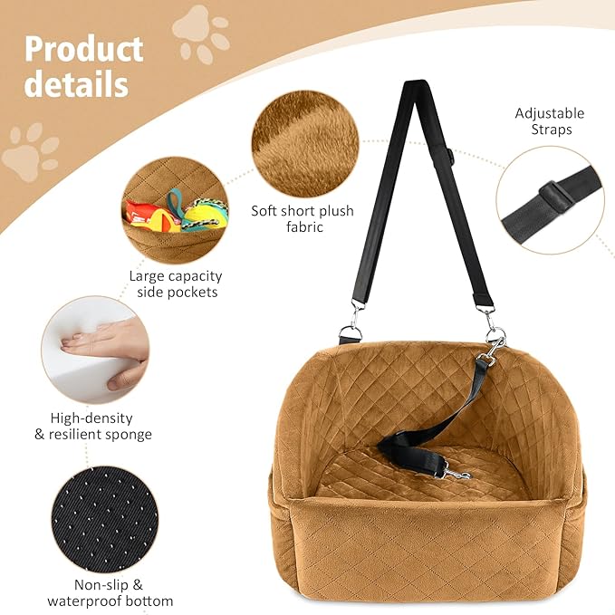 Dog Car Seat for Small Medium Dogs,Detachable Washable Dog Booster Seat Under 30lbs,Pet Car Seat Travel Bed with Storage Pockets and Dog Safety Belt（Brown