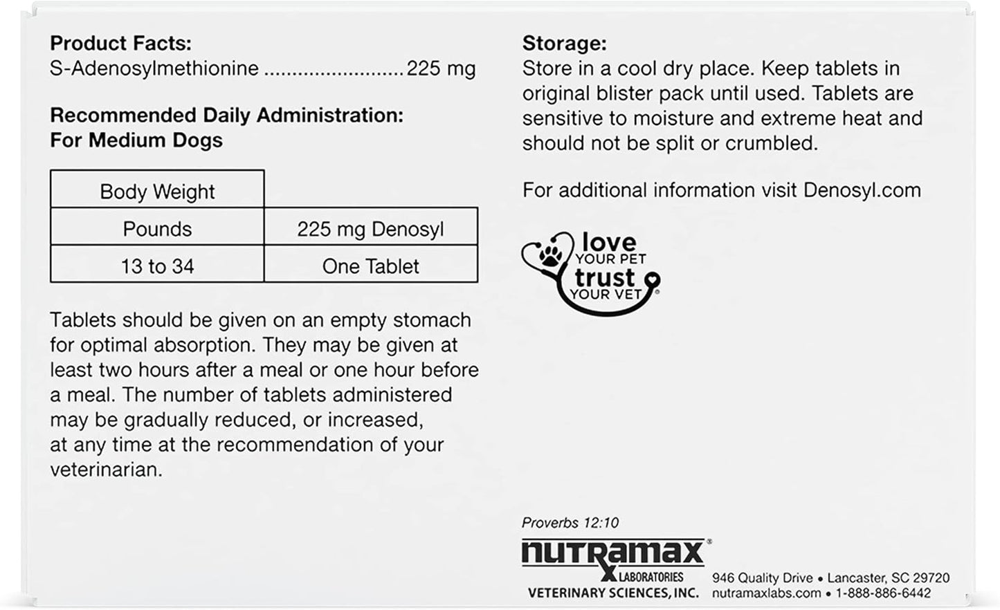 Nutramax Denosyl Liver and Brain Health Supplement for Medium Dogs - With S-Adenosylmethionine (SAMe), 30 Tablets