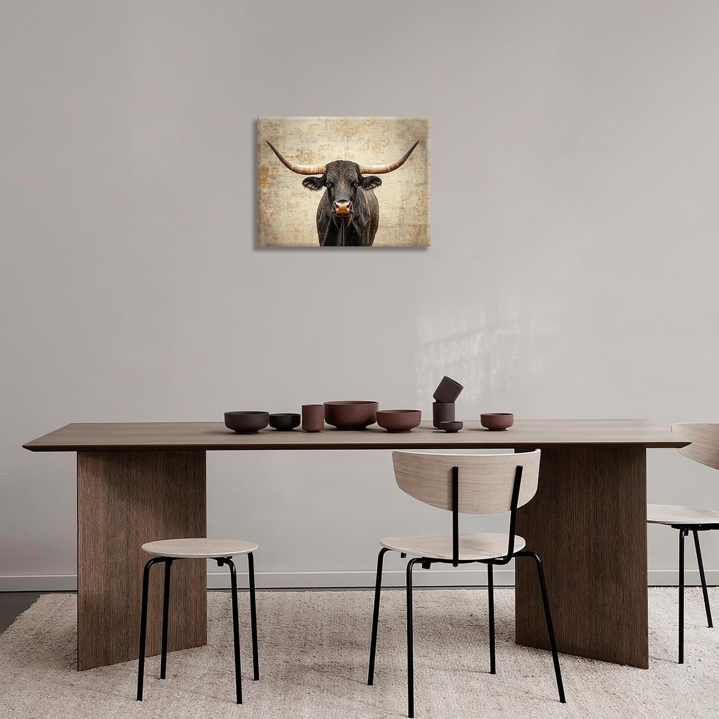 Rustic Highland Cow Pictures Wall Art, Farmhouse Longhorn Bull Bathroom Wall Decor Black Cow Framed Painting Canvas Artwork for Bathroom Bedroom Living Room Decorations 16"L x 12"W